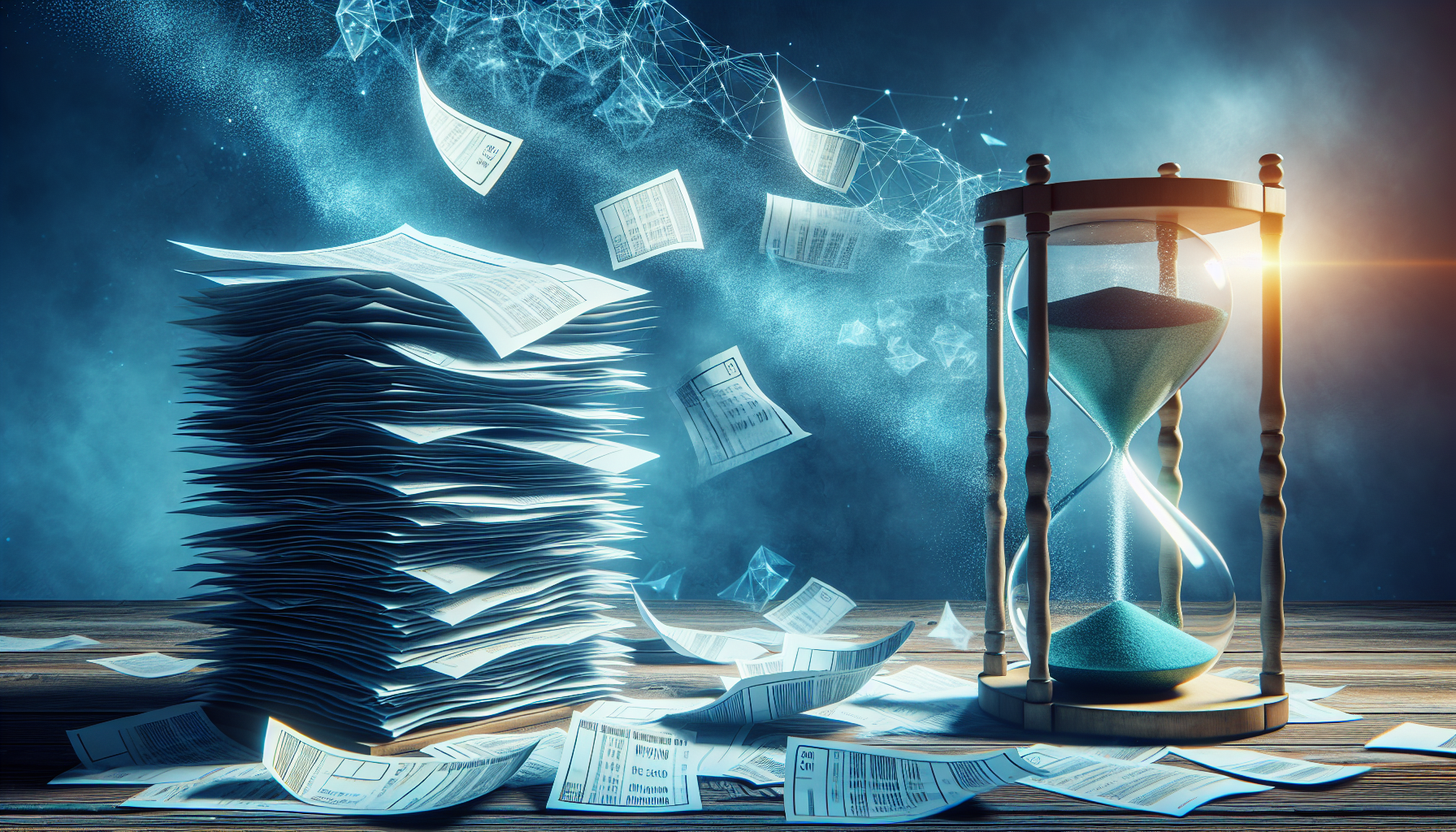 a sand clock and stack of papers