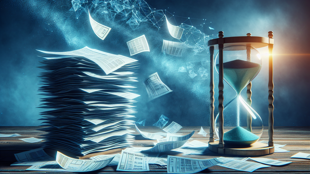 a sand clock and stack of papers